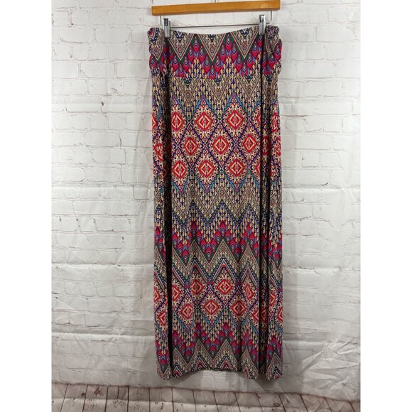 Cato Maxi Skirt Womens Size Medium Red Tan Blue Aztec Pull On Stretchy - Picture 1 of 5